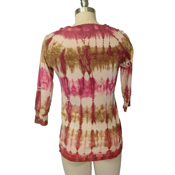 Vintage 90s Glima Tie Dye Top Size S Pink Brown V Neck ASO 1990s Raw Hem - Picture 5 of 8